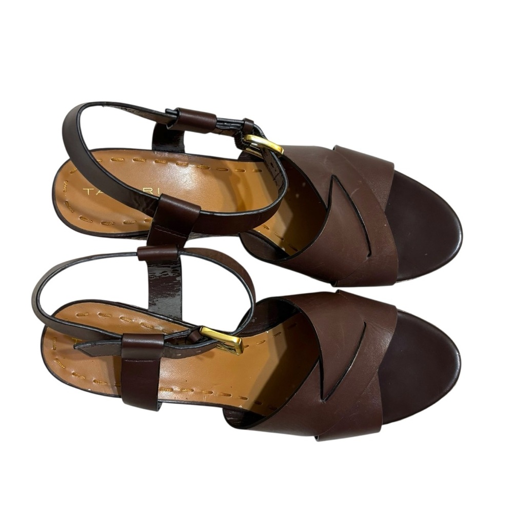 Tahari platform wedges Stevie leather strappy geometric woven sandal size 10 - Picture 7 of 11